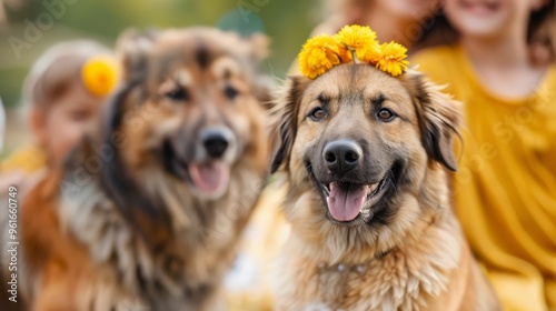  A close-up of two dogs wearing yellow flowers on their heads