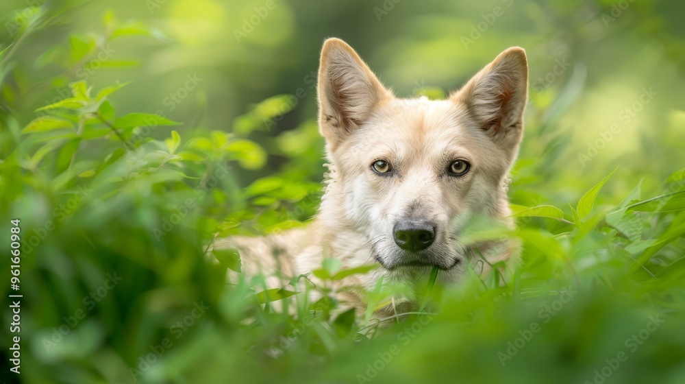 A tight shot of a dog reclining in a lush grassy landscape, surrounded by trees and bushes with an out-of-focus backdrop A tight shot of a dog reclining in a lush grassy landscape, surrounded by trees and bushes with an out-of-focus backdrop