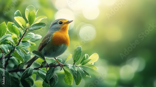 A vibrant bird perches on a branch surrounded by lush green foliage in a serene natural setting during the golden hour of the day