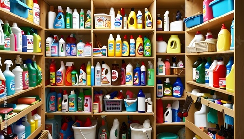 Chaotic closet overflowing with diverse cleaning products illustrating the storage struggles of a bustling household