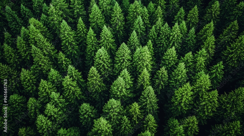 Lush green coniferous forest viewed from above, showcasing dense tree canopy in natural habitat during daylight hours Lush green coniferous forest viewed from above, showcasing dense tree canopy in natural habitat during daylight hours