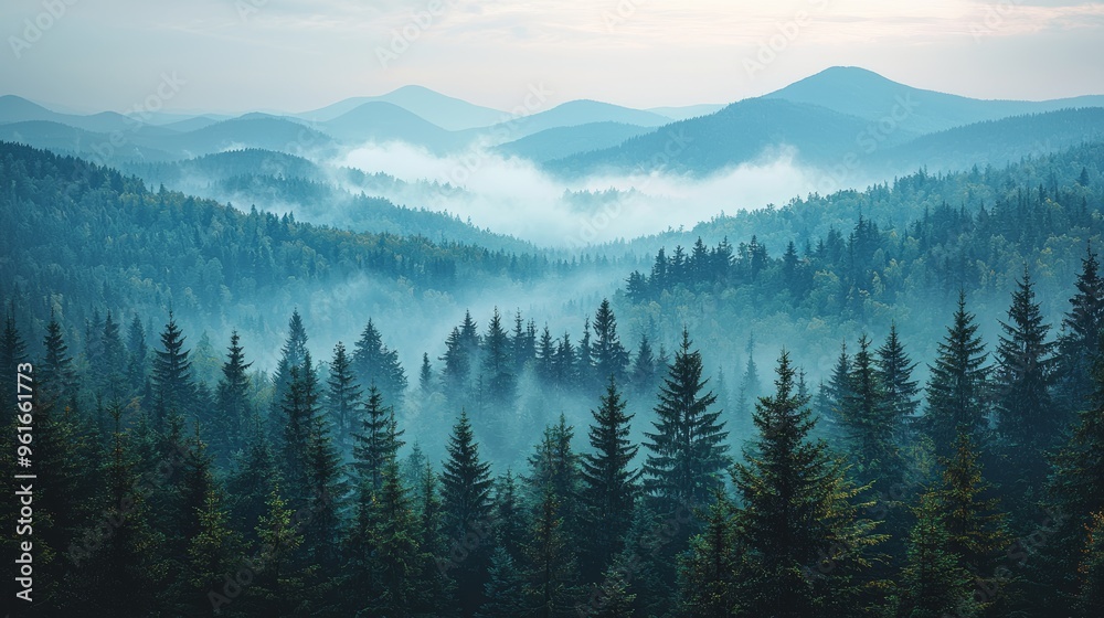 Misty morning view of towering evergreen trees in a serene forest landscape surrounded by rolling hills Misty morning view of towering evergreen trees in a serene forest landscape surrounded by rolling hills
