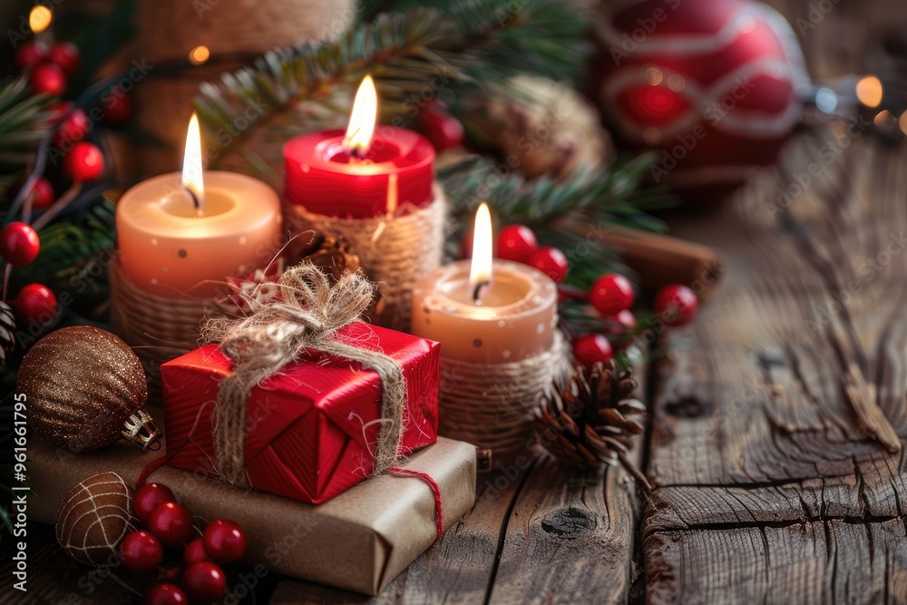 Festive background with candles, gift boxes and decorations on wooden table. stock photo Festive background with candles, gift boxes and decorations on wooden table. stock photo