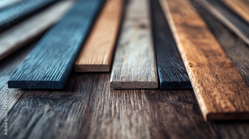 Staggered arrangement of various wooden planks showcasing different textures and colors, emphasizing the beauty and diversity of natural wood materials.