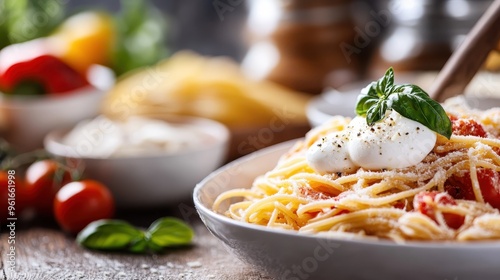 A close-up shot of spaghetti topped with grated cheese and fresh basil leaves, with tomatoes and other ingredients blurred in the background, highlighting the rich texture of the dish.