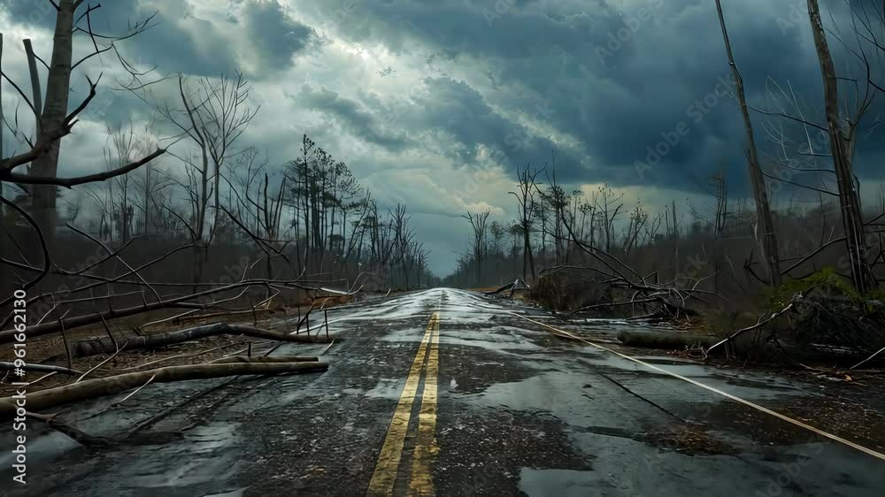 Storm Ravaged Forest desolate road through storm-ravaged forest, dramatic sky. natural ...