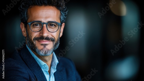 Close-up portrait of a smiling man with glasses, sporting a beard and wearing a stylish blue suit, exuding warmth and professionalism, with soft background lighting.