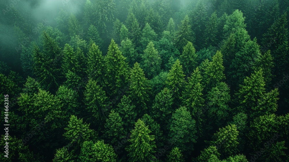 Lush green forest canopy viewed from above during a misty morning Lush green forest canopy viewed from above during a misty morning