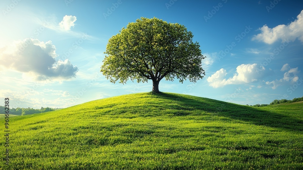 A solitary tree stands tall on a grassy hill under a bright sky with fluffy clouds at midday A solitary tree stands tall on a grassy hill under a bright sky with fluffy clouds at midday