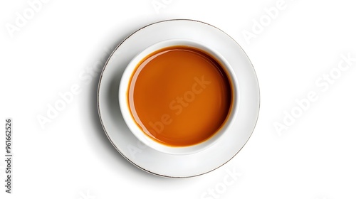 Top view of a bowl with tomato soup on white background