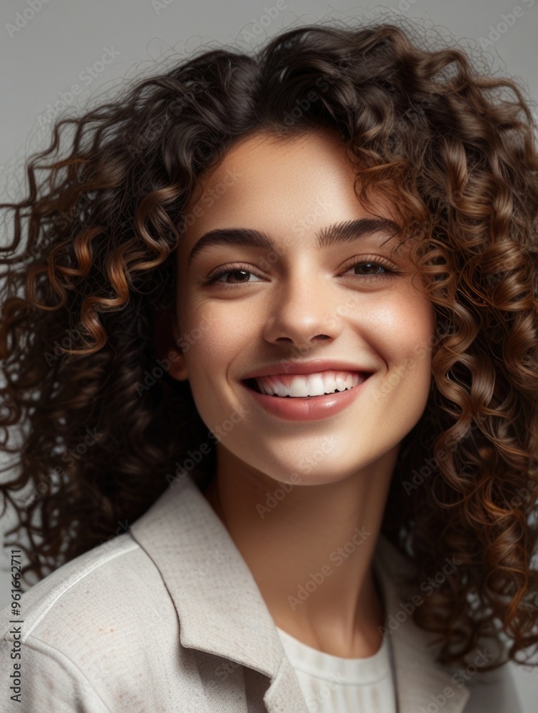 A smiling woman with curly hair wearing street-style clothing isolated on a white background A smiling woman with curly hair wearing street-style clothing isolated on a white background
