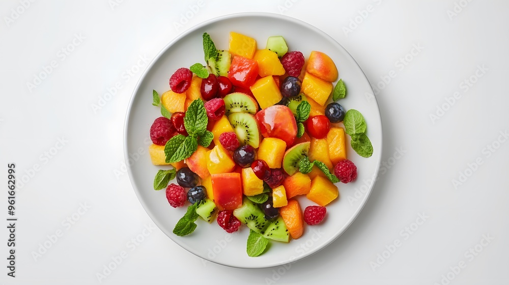Vibrant fruit salad with mint leaves on white plate Vibrant fruit salad with mint leaves on white plate
