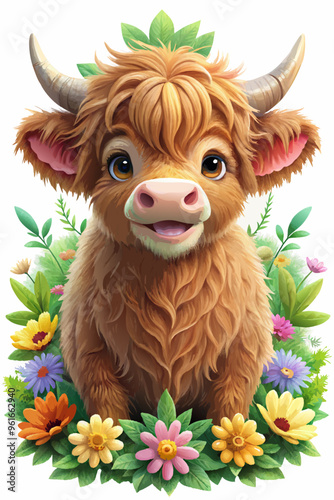 Cute Highland Calf Standing in the Flowers