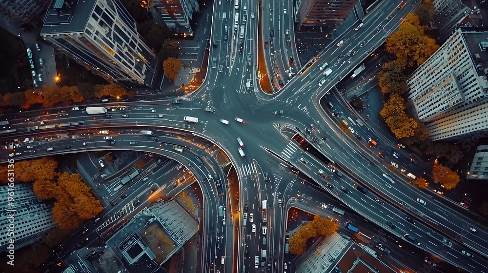 Aerial view of a bustling city intersection during twilight. Aerial view of a bustling city intersection during twilight.