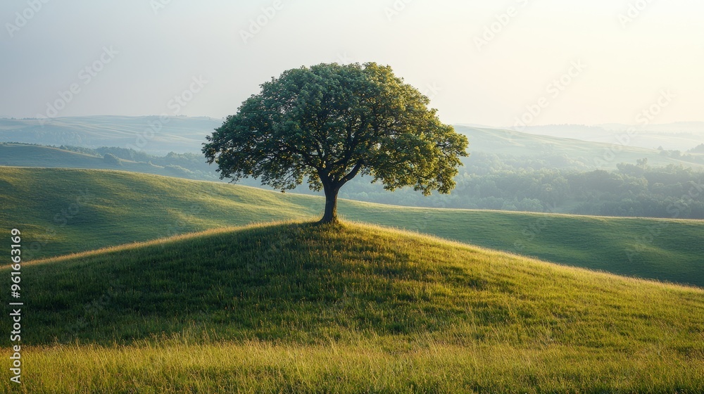 Fototapeta premium A solitary tree stands majestically on a grassy hill during the golden hour, surrounded by rolling hills and distant woodlands
