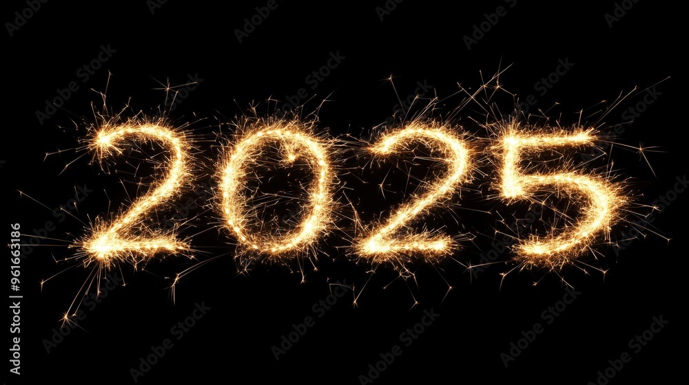 Shimmering golden sparklers form 2025 against a sleek black background Shimmering golden sparklers form 2025 against a sleek black background