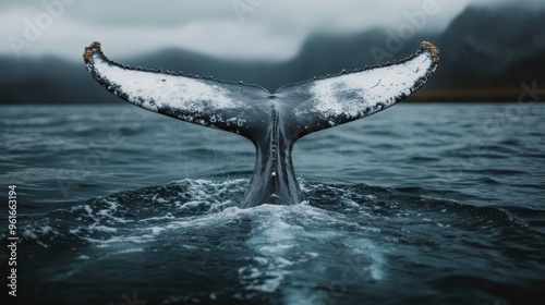 The powerful tail of a humpback whale emerges from the sea, creating a mesmerizing scene with its graceful movement and highlighting the natural beauty of marine life in a misty ocean. photo