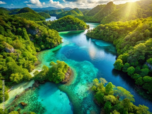 Aerial perspective reveals a serene turquoise lagoon, surrounded by vibrant greenery, shimmering in the warm golden