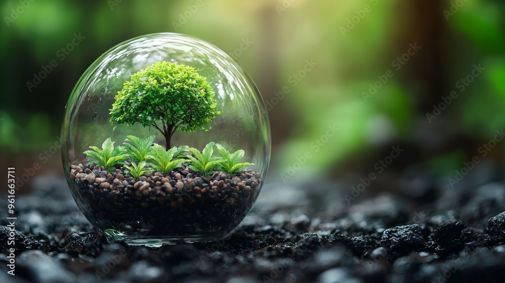 A small green tree thriving in a glass terrarium filled with pebbles and vibrant plants amidst a lush, natural background A small green tree thriving in a glass terrarium filled with pebbles and vibrant plants amidst a lush, natural background