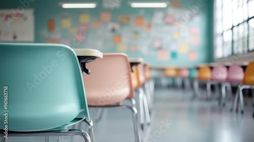 A classroom set up with pastel-colored chairs around individual desks, creating a calm and inviting atmosphere for learning, with a focus on student comfort and engagement.