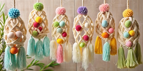 Easter Day Crafts DIY Macrame Easter Decor Embellished with Pom Poms photo