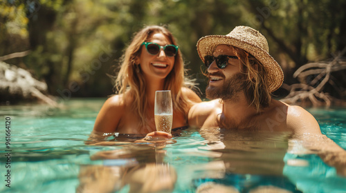 Couple toasting with Prosecco in sunlit Ginnie Springs waters.
 photo