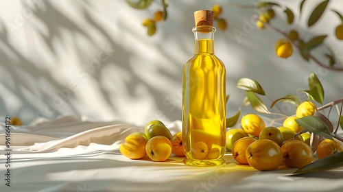 A bottle of marula oil set on a white background with marula fruits