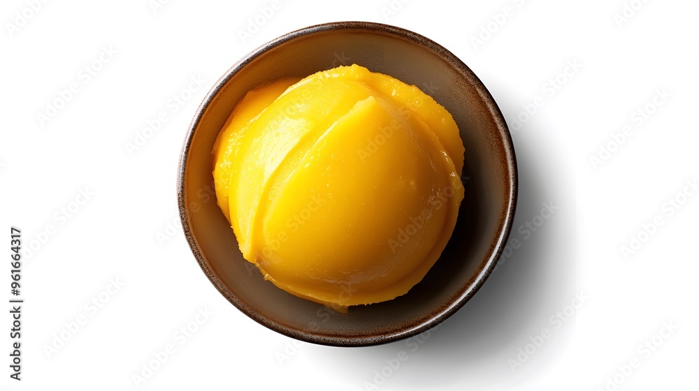Smooth mango sorbet in brown bowl on white background