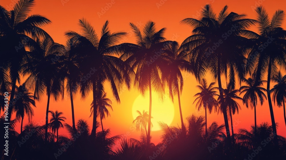 Obraz premium Serene Tropical Sunset with Palm Trees