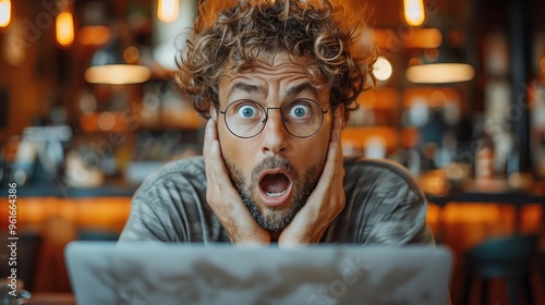 Man looking with panic on monitor screen.  trying to cancel an unwanted subscription on a website, looking annoyed