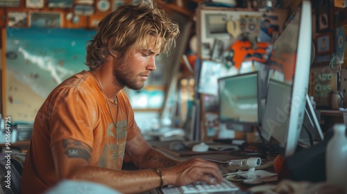 A surfer relaxing in a break room, sitting on a surfboard placed between two chairs while reading a report 