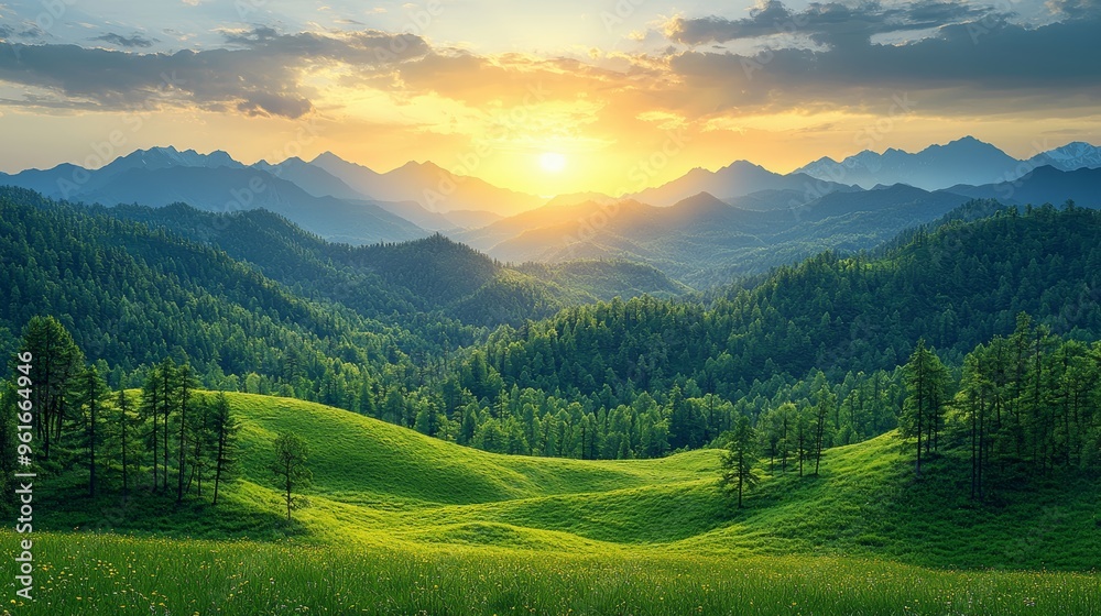Obraz premium Sunrise over rolling hills and lush green forests in a mountain landscape