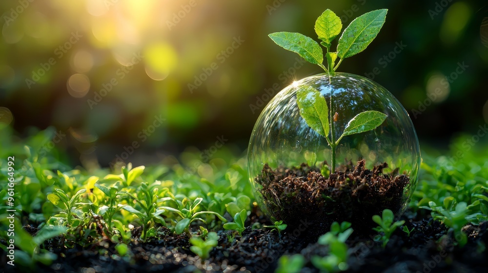 A young plant nurtured in a glass dome glows under soft sunlight in a lush garden during early morning A young plant nurtured in a glass dome glows under soft sunlight in a lush garden during early morning
