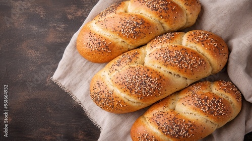 A set of three freshly baked braided breads, each generously sprinkled with poppy seeds and placed on a light brown cloth, representing culinary delight. photo