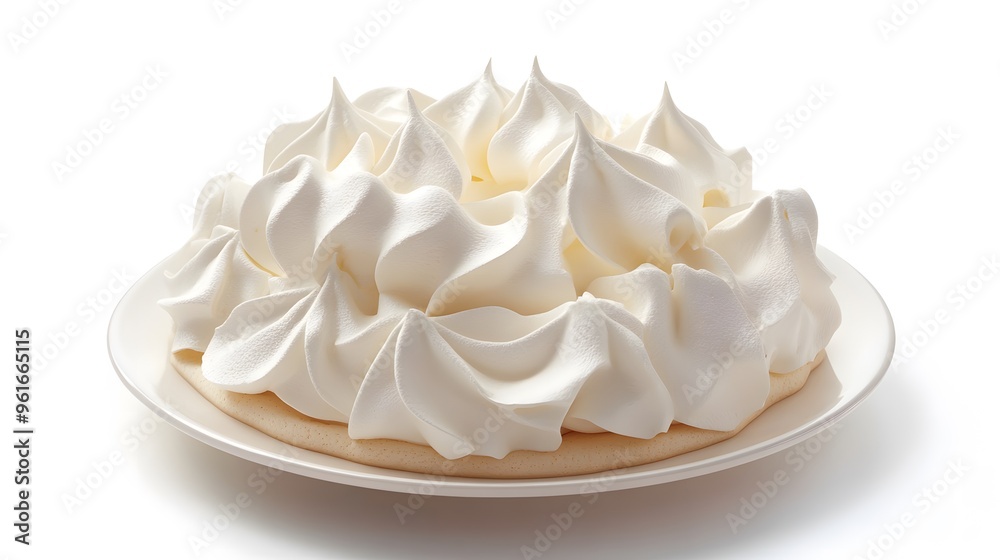 Fluffy meringue dessert with whipped cream on a white plate Fluffy meringue dessert with whipped cream on a white plate