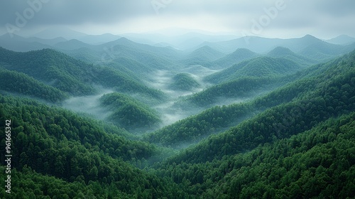 Lush green hills surround a misty valley in the Appalachian Mountains during early morning light