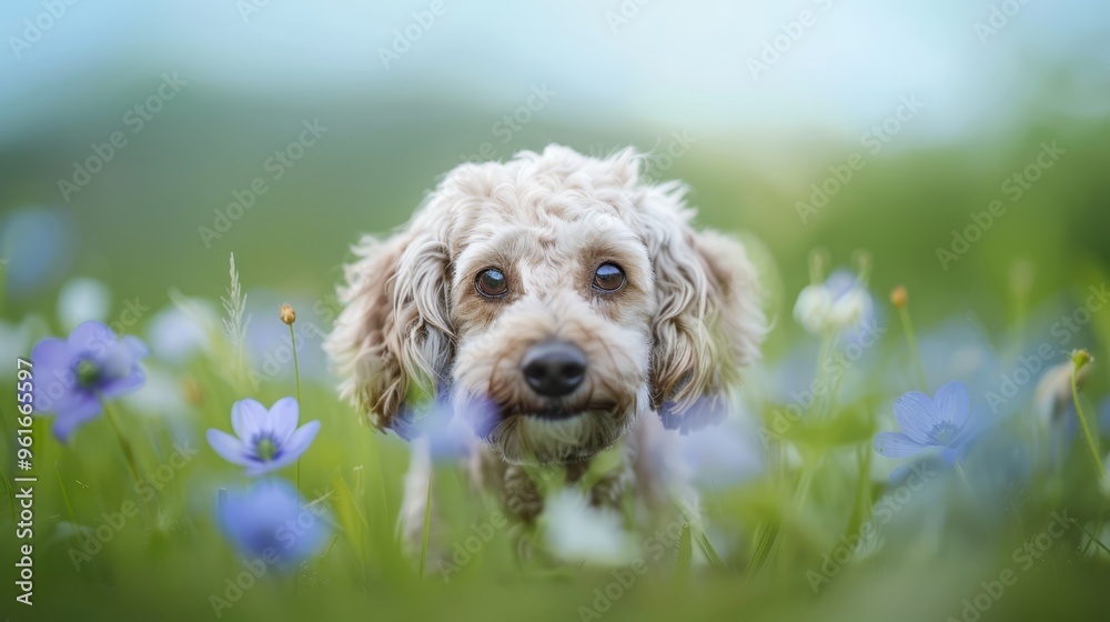 A tight shot of a dog among flower blooms, blue varieties in the foreground, background softly blurred A tight shot of a dog among flower blooms, blue varieties in the foreground, background softly blurred