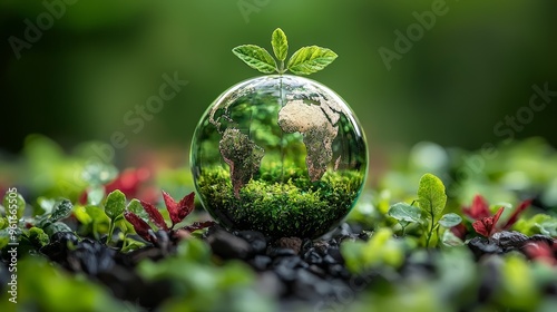 Small globe covered in greenery with a sprouting leaf, symbolizing environmental awareness in a lush garden setting