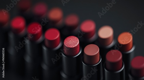 Rows of lipsticks in an array of shades, displaying a spectrum of colors, ideal for fashion and beauty-related visual content, showing the diversity of makeup choices. photo