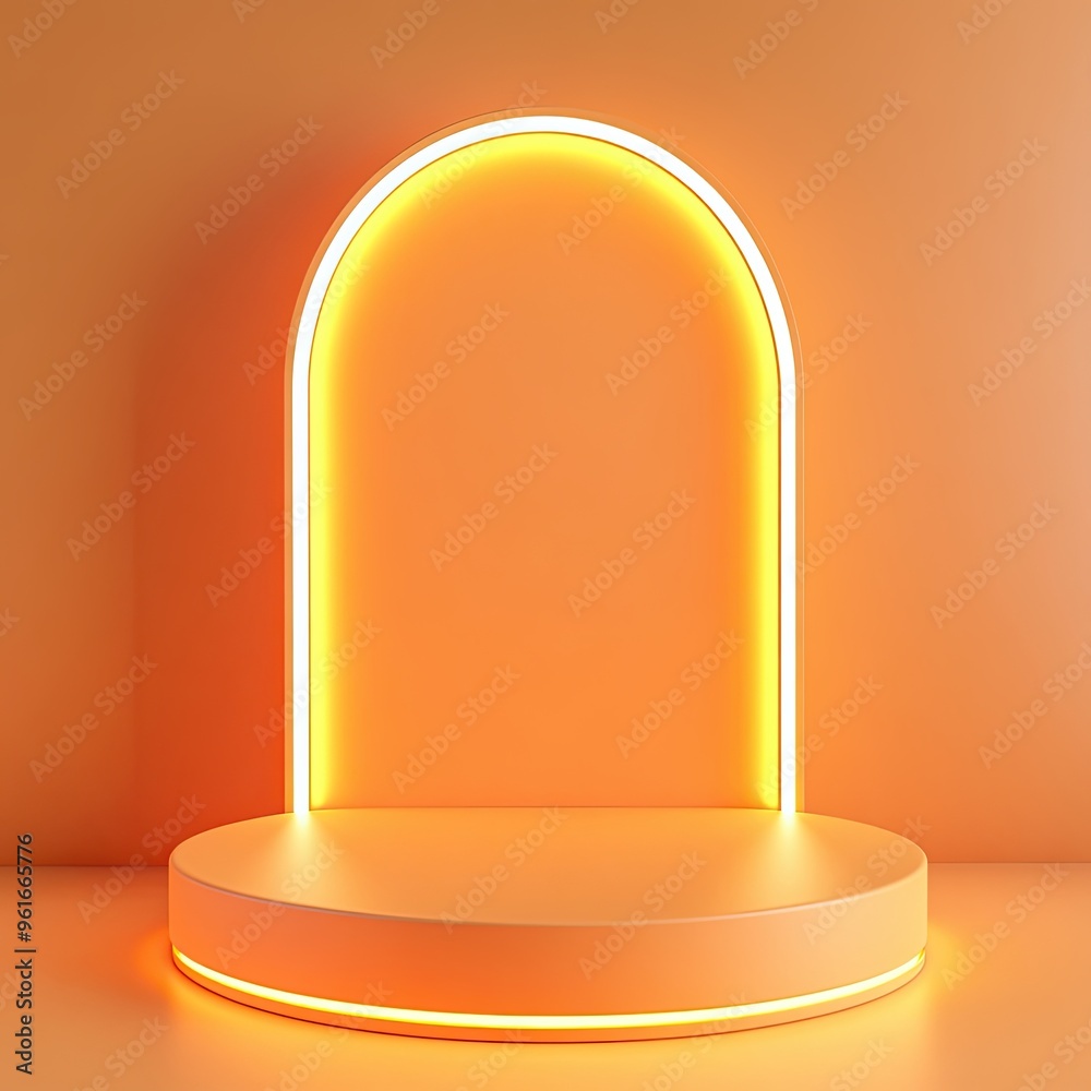Podium for product presentation, light brown and orange colors, a soft glow Podium for product presentation, light brown and orange colors, a soft glow