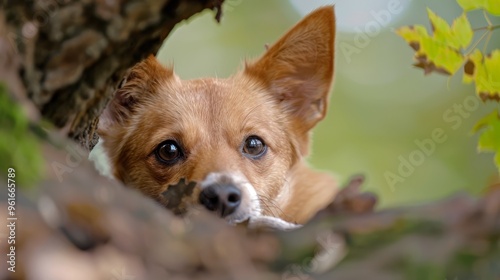  A tight shot of a dog's head emerging from a tree bark