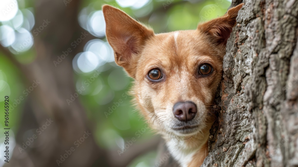 A dog's face, closely framed, emerges from tree bark Background consists of trees A dog's face, closely framed, emerges from tree bark Background consists of trees