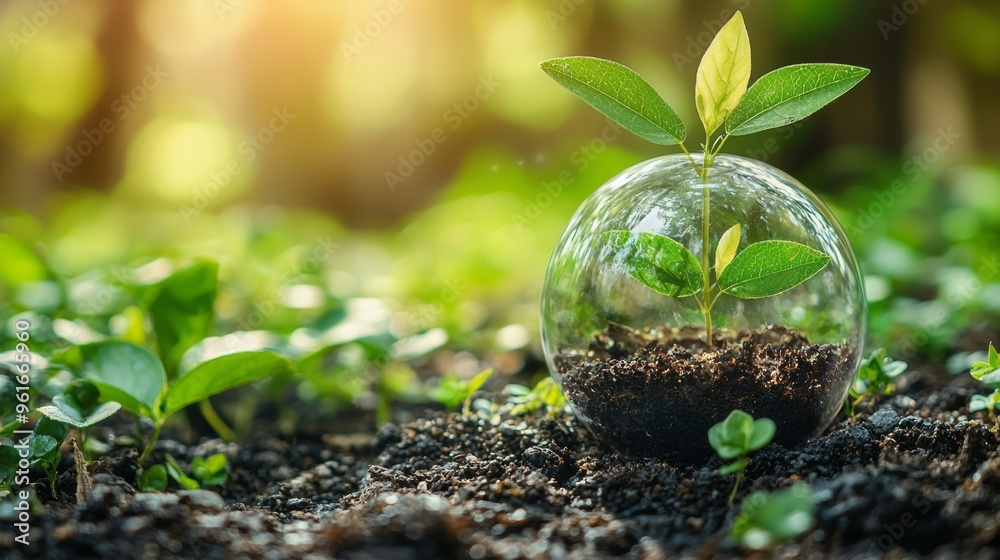 A small plant thriving within a glass globe in a sunlit forest setting, showcasing the beauty of nature and sustainability A small plant thriving within a glass globe in a sunlit forest setting, showcasing the beauty of nature and sustainability