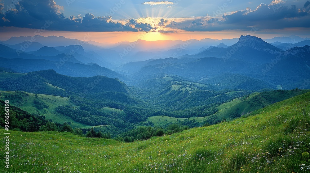 Vibrant sunset over rolling green hills and valleys in a mountainous region during twilight hours Vibrant sunset over rolling green hills and valleys in a mountainous region during twilight hours
