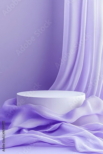 A purple podium for product presentation, soft light purple wavy fabric, minimalistic