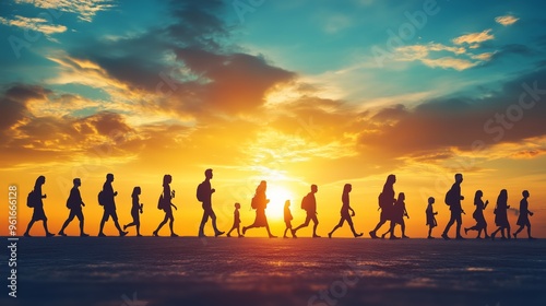 Silhouetted figures walking against a vibrant sunset along the beach during a peaceful evening stroll photo