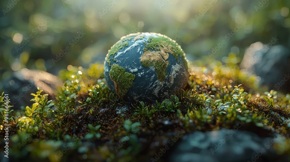 A small globe covered in green moss and plants rests on the earth, symbolizing environmental awareness and nature's resilience A small globe covered in green moss and plants rests on the earth, symbolizing environmental awareness and nature's resilience