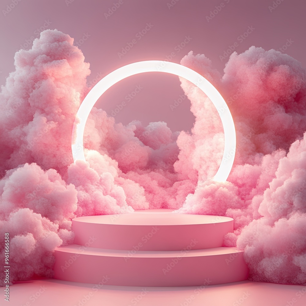 A product podium with pink clouds in the background A product podium with pink clouds in the background