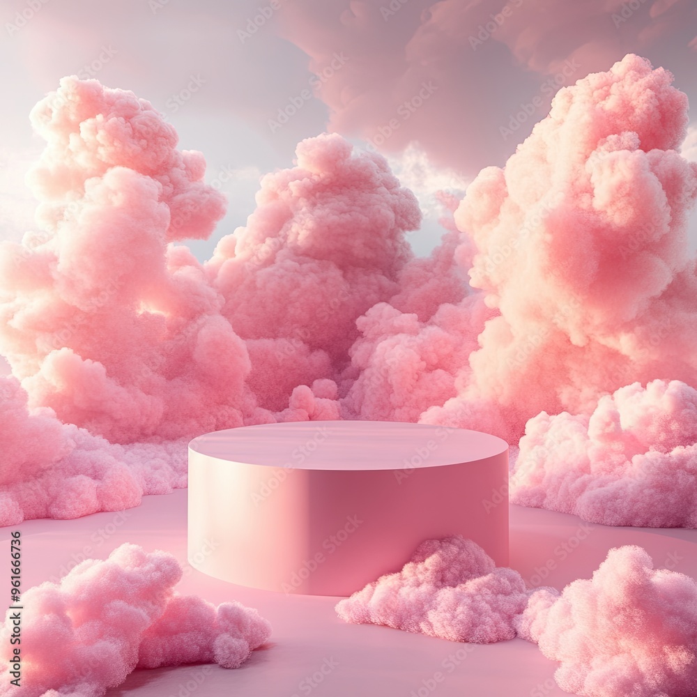 A product podium with pink clouds in the background A product podium with pink clouds in the background