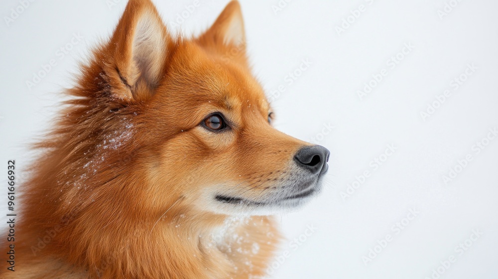 A close-up of a fluffy, orange dog against a snowy background. A close-up of a fluffy, orange dog against a snowy background.